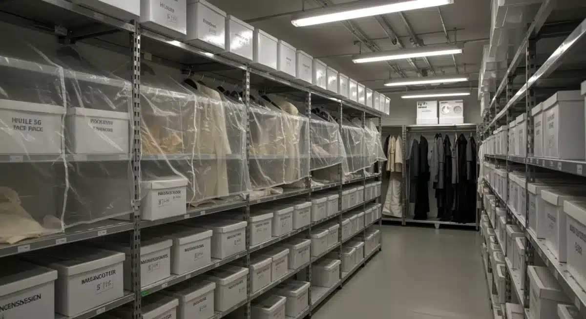 Unidad de almacenamiento especializado para prendas de alta costura con control de clima y materiales de protección.