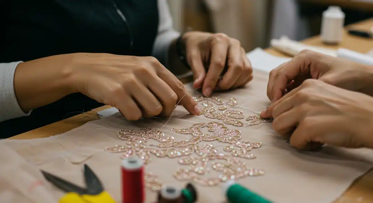 Artesanos mexicanos trabajando con detalle en un taller de Alta Costura, cosiendo a mano telas finas y adornos.