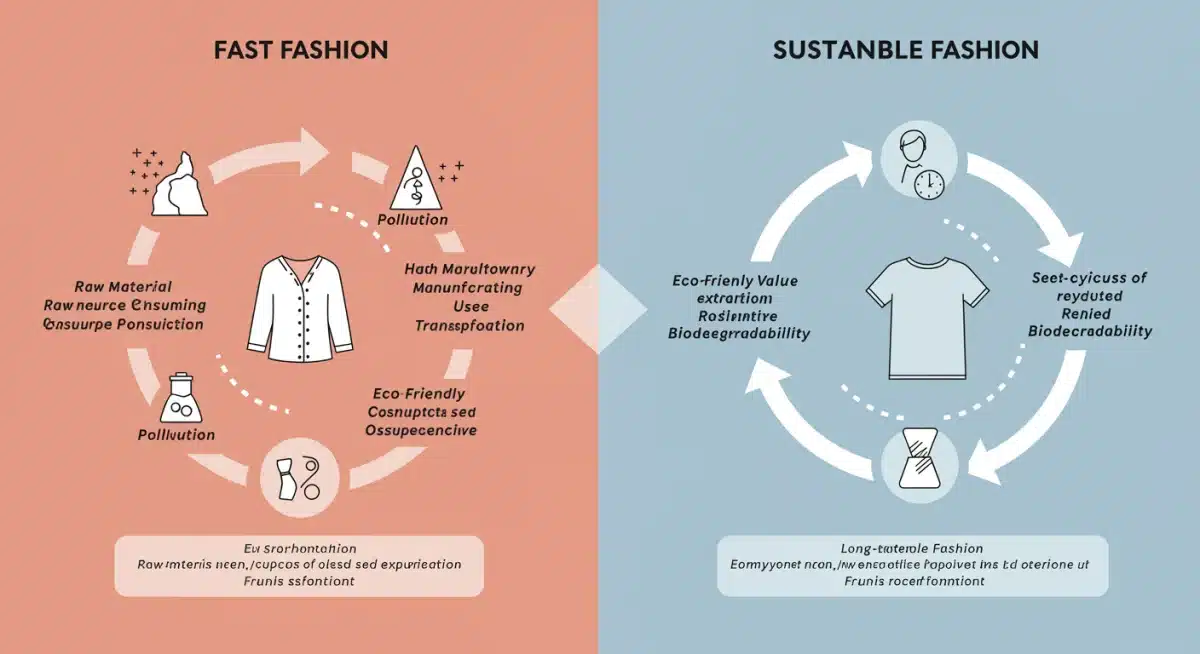 Infografía del ciclo de vida de prendas de moda rápida y sostenible, destacando diferencias de impacto.