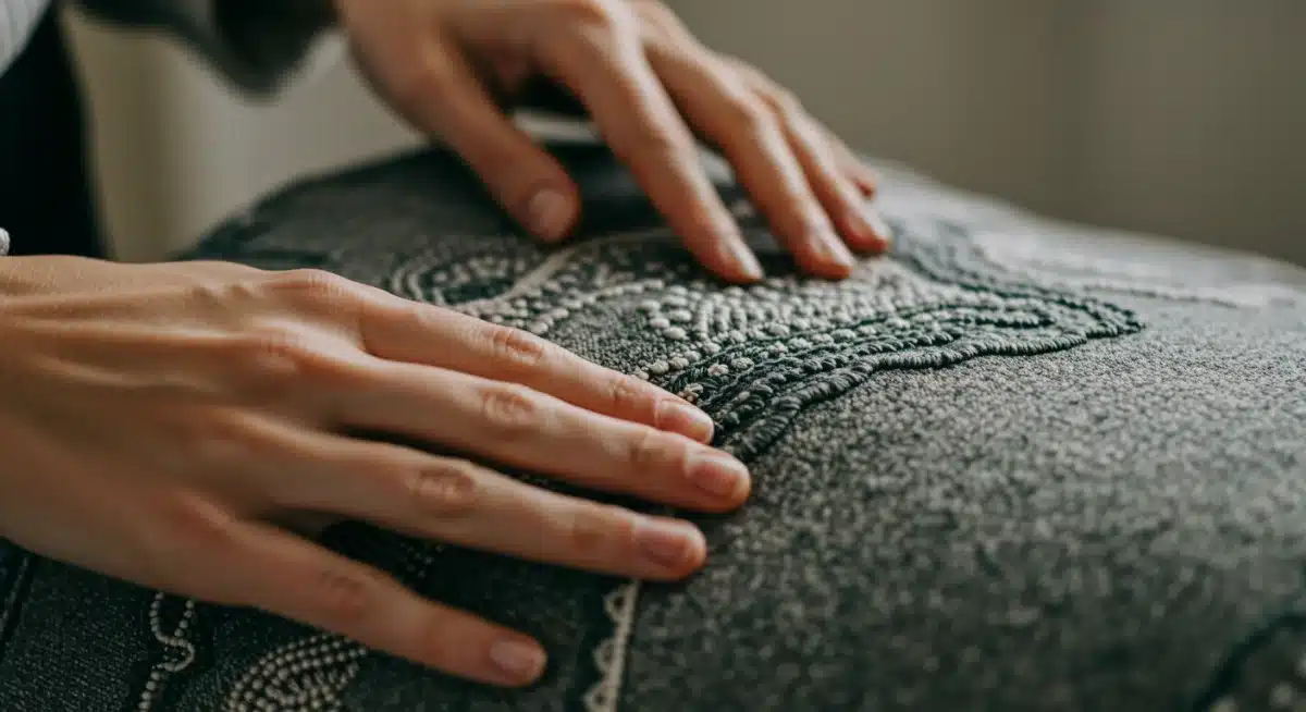 Detalle de una tela con bordado intrincado, reflejando la artesanía y creatividad en el diseño de moda.