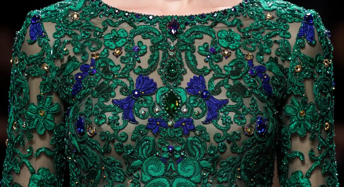 Detalle de vestido de alta costura mexicana O/I 2026 con bordados indígenas y pedrería, mostrando la riqueza textil y artesanal.