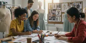 Diseñadores emergentes colaborando en un taller, creando bocetos y exhibiendo telas innovadoras para el Concurso 2026.