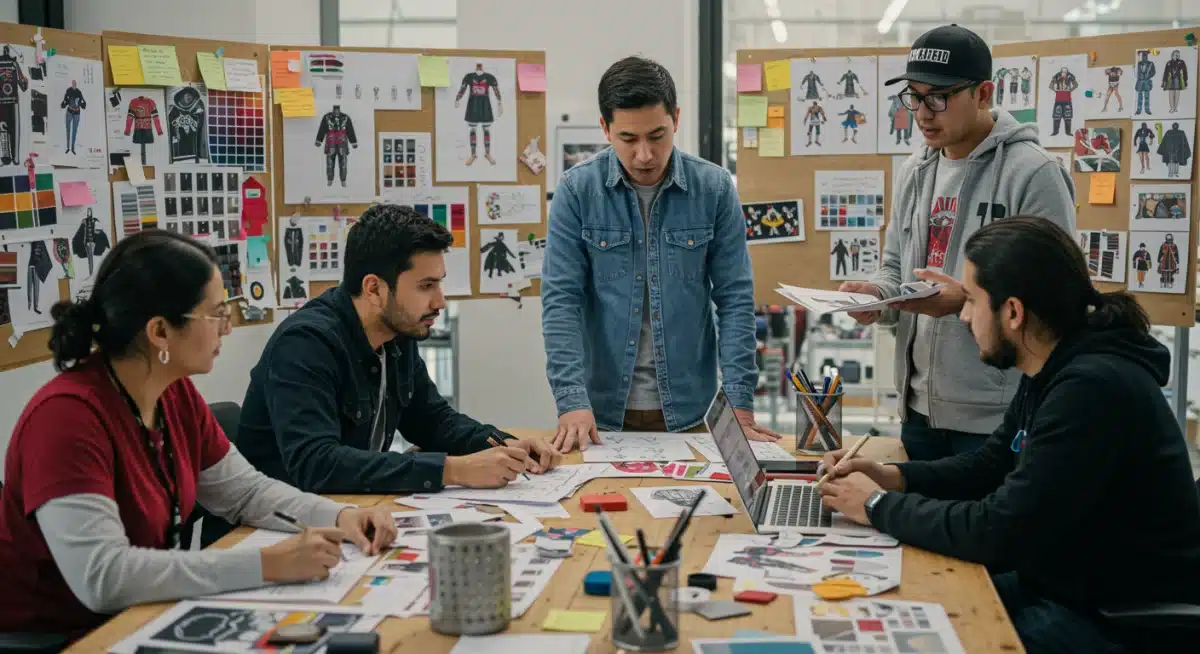 Diseñadores mexicanos innovando en moda urbana, fusionando elementos tradicionales con streetwear contemporáneo en un estudio creativo.