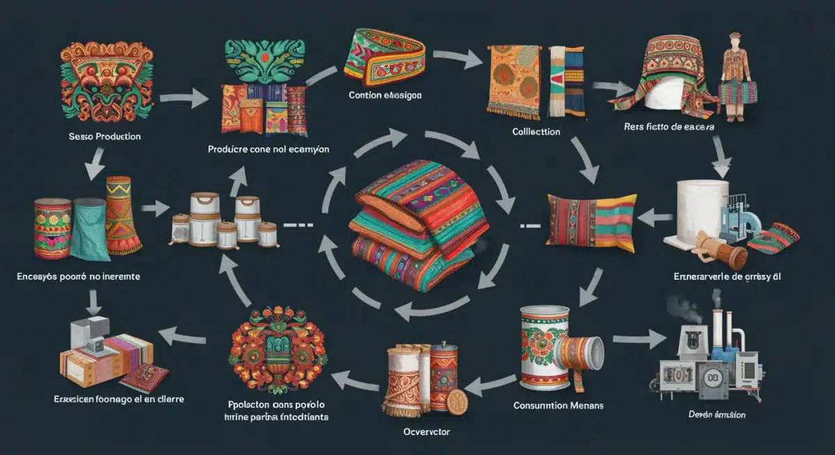 Diagrama de economía circular en la industria textil, mostrando el ciclo de vida de un producto desde diseño hasta reciclaje en México.