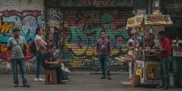 Jóvenes mostrando el estilo urbano mexicano en una calle vibrante de la Ciudad de México, 2026. Arte callejero y vestimenta fusionan tradición y modernidad.
