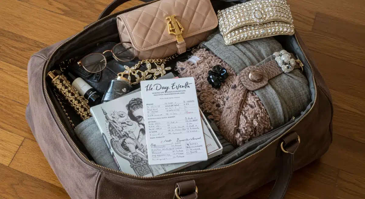 Maleta organizada con accesorios y atuendos para eventos de alta costura en México.