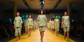 Modelos desfilando ropa de moda sostenible en una pasarela futurista en México, con iluminación natural y símbolos ecológicos.