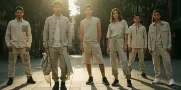 Jóvenes mexicanos luciendo prendas de telas innovadoras en un entorno urbano vibrante.