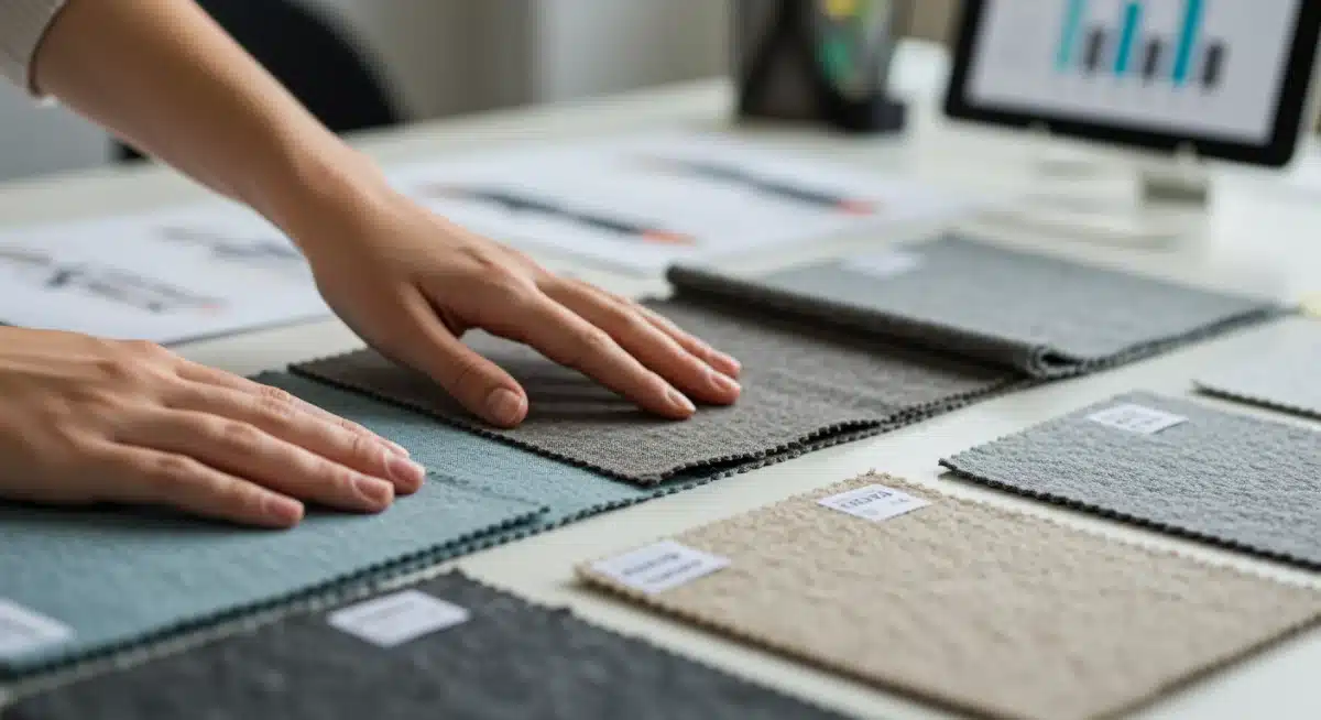 Muestras de telas sostenibles como algodón orgánico y poliéster reciclado, con diseños de moda de fondo.