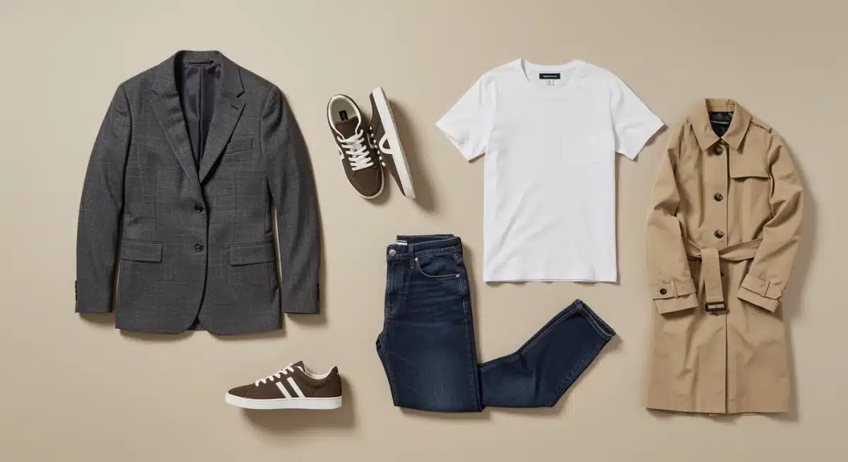 Colección de cinco prendas versátiles para un armario urbano de 2026, incluyendo blazer, camiseta, jeans, gabardina y tenis.
