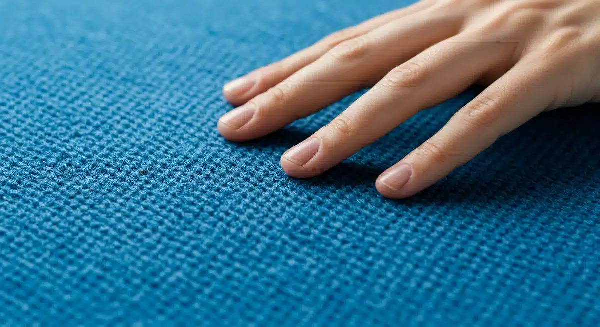 Primer plano de una tela innovadora hecha de botellas de plástico recicladas, mostrando su textura única.