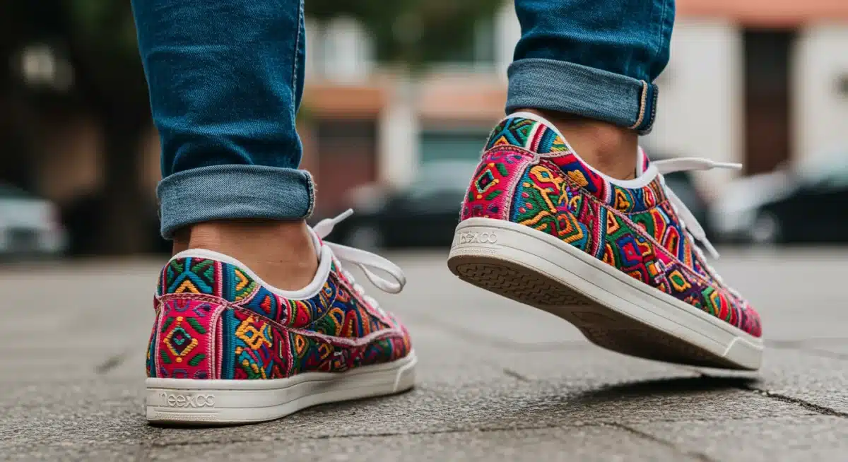Tenis artesanales mexicanos con diseños tradicionales en un entorno urbano, mostrando la fusión de moda y cultura.