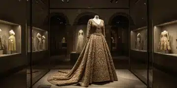 Vestido de alta costura de una colección 2026 en un entorno de conservación, destacando su diseño y los detalles de bordado.