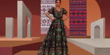 Modelo luciendo un vestido de alta costura mexicana con bordados indígenas y detalles modernos, simbolizando la fusión de tradición y vanguardia.