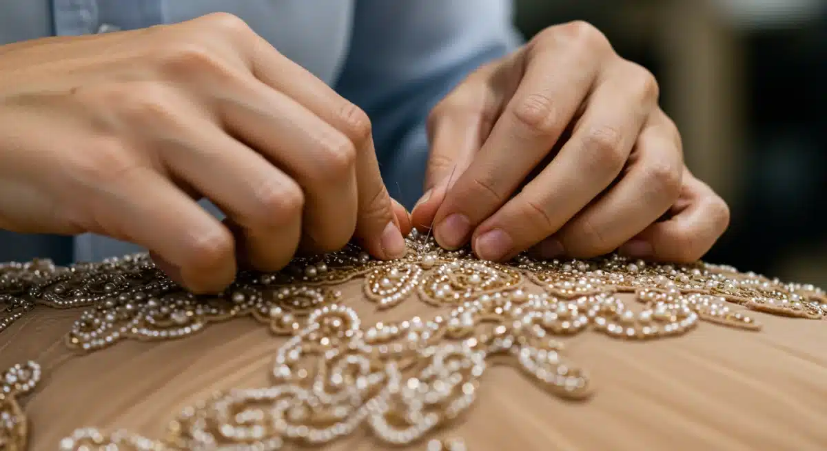 Manos de artesano trabajando intrincados bordados en una pieza de alta costura, destacando la artesanía y el valor.
