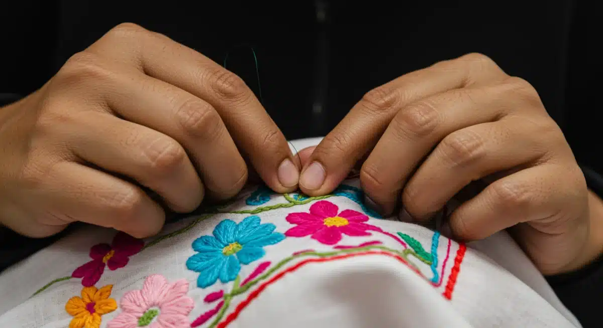 Manos artesanas bordando con precisión motivos tradicionales mexicanos en un tejido fino, reflejando el trabajo manual de la alta costura.
