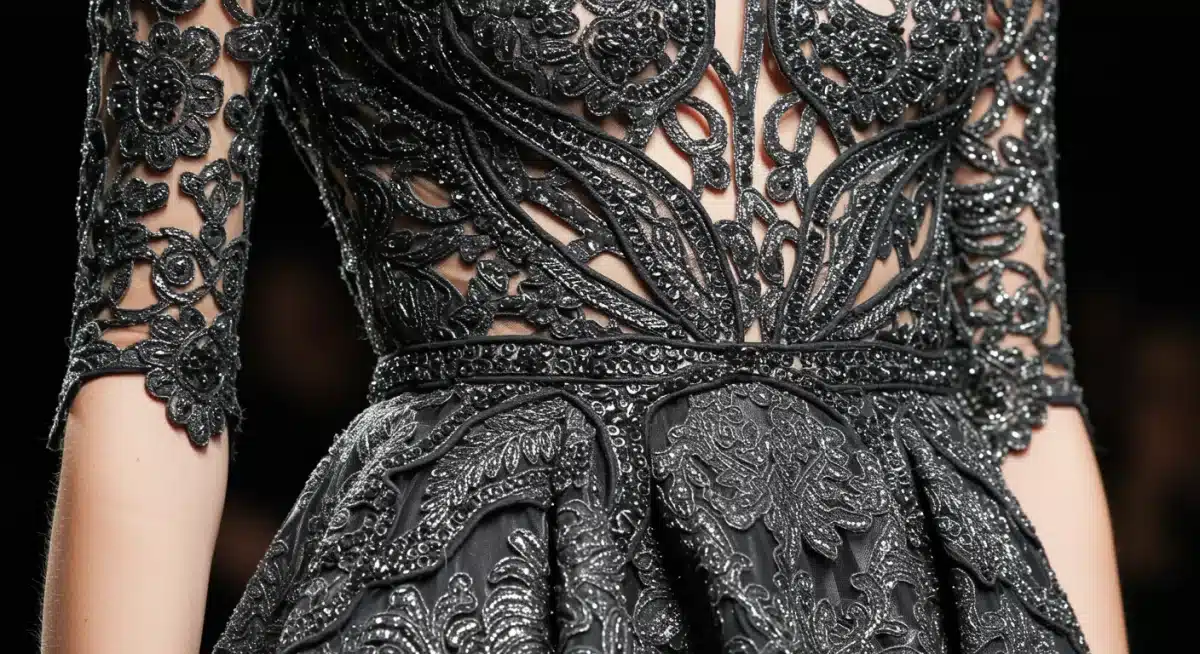 Detalle de bordado 3D y cortes láser en una prenda de alta costura, fusionando artesanía y tecnología.