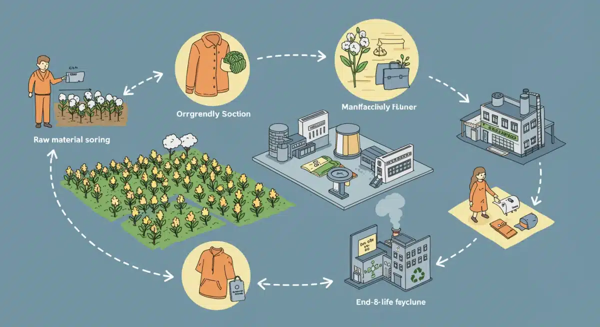 Infografía del ciclo de vida de una prenda sostenible, desde el origen de los materiales hasta el reciclaje, destacando la circularidad.