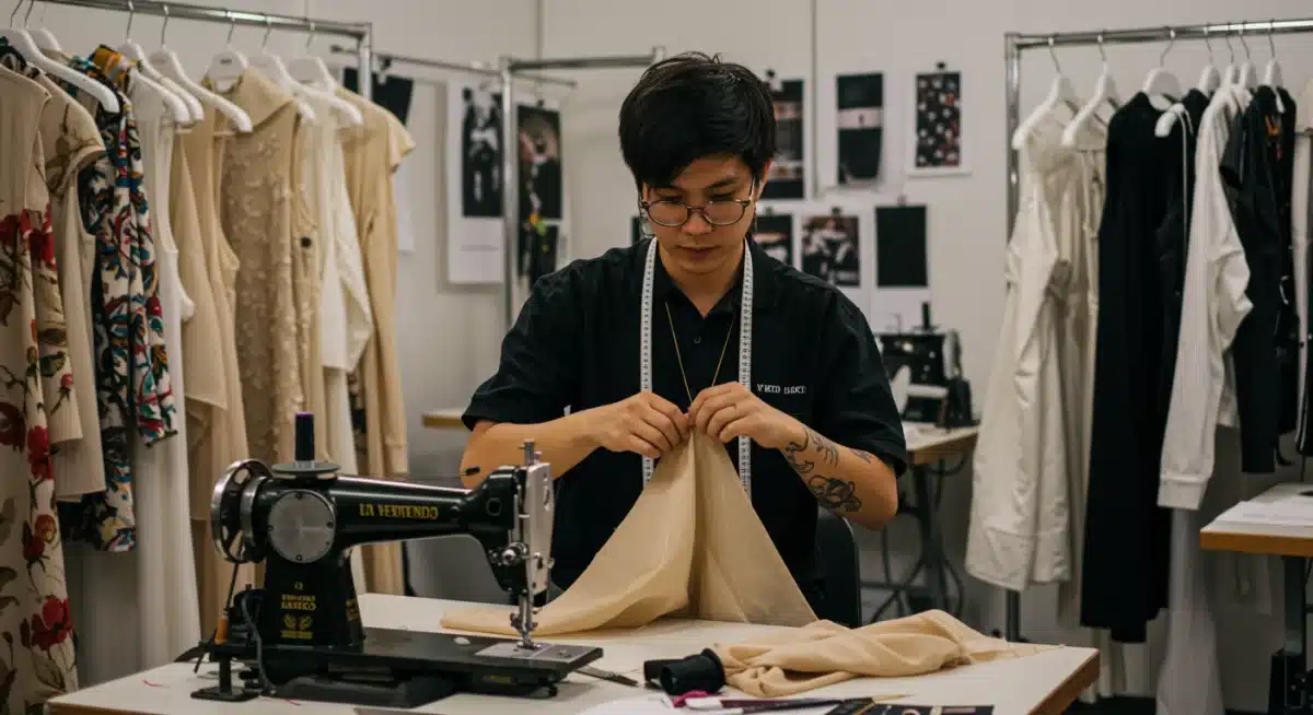 Diseñador mexicano trabajando en un taller, simbolizando la innovación y la producción local en la moda.
