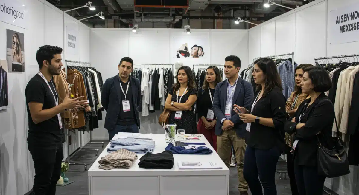 Diseñador explicando su colección a compradores en un stand de feria de moda en México.