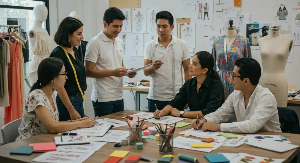 Diseñadores mexicanos colaborando en un estudio moderno, rodeados de materiales y diseños, representando la innovación en la moda nacional.