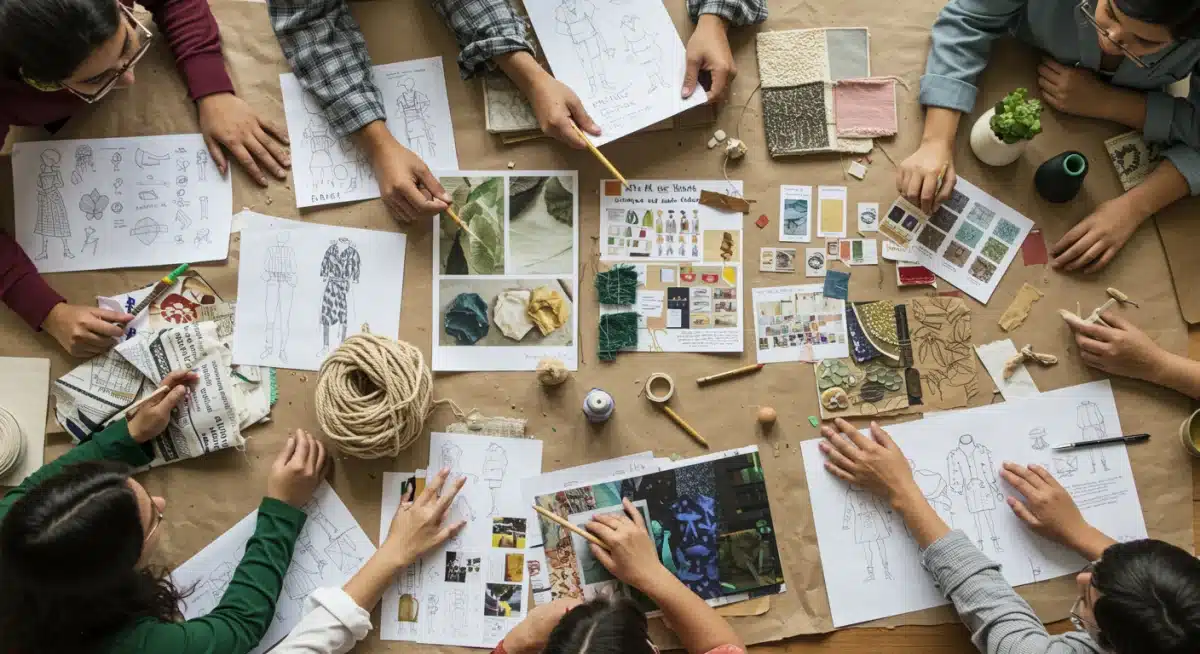 Diseñadores mexicanos colaborando en un proyecto de moda sostenible con telas ecológicas.