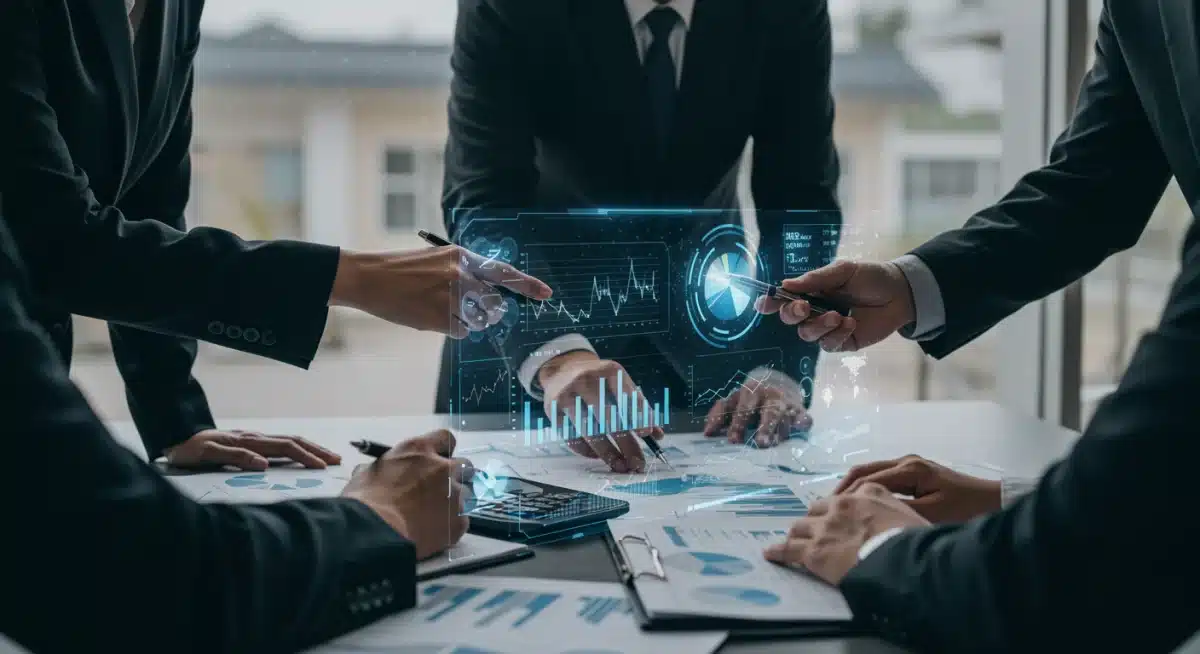 Profesionales financieros analizando datos en una pantalla holográfica, discutiendo cambios regulatorios.