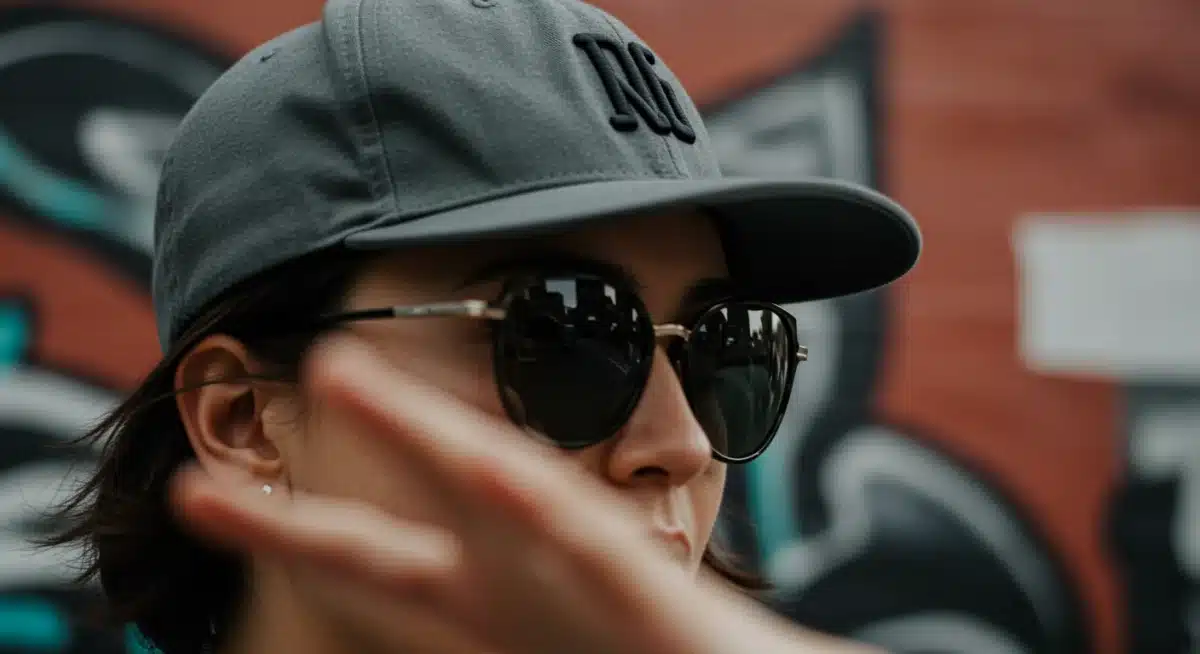Persona usando gorra de béisbol y gafas de sol grandes frente a un mural de arte urbano.
