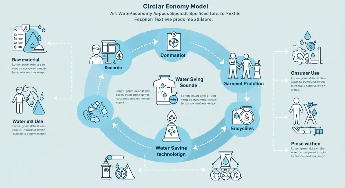 Infografía detallada sobre economía circular en moda, enfocada en el reciclaje y reutilización del agua en la producción textil.