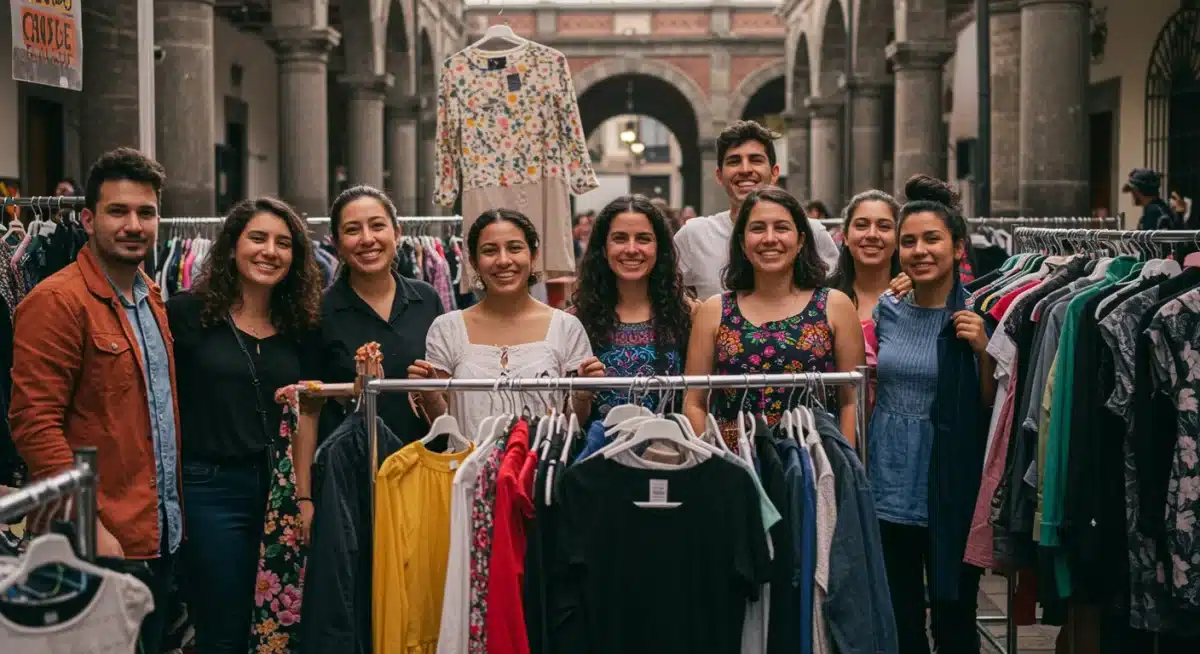 Personas intercambiando ropa en un mercado de segunda mano en México, fomentando la moda circular.