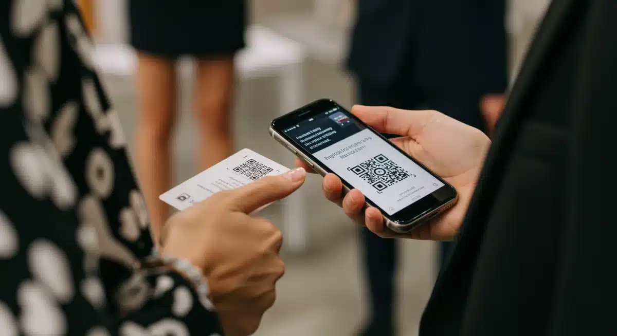 Intercambio de tarjetas digitales en un evento de moda, mostrando una mano con un smartphone.