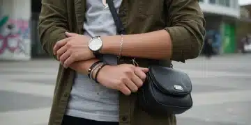 Joven con estilo urbano luciendo accesorios clave como reloj, collares y bolso, en un entorno citadino moderno.