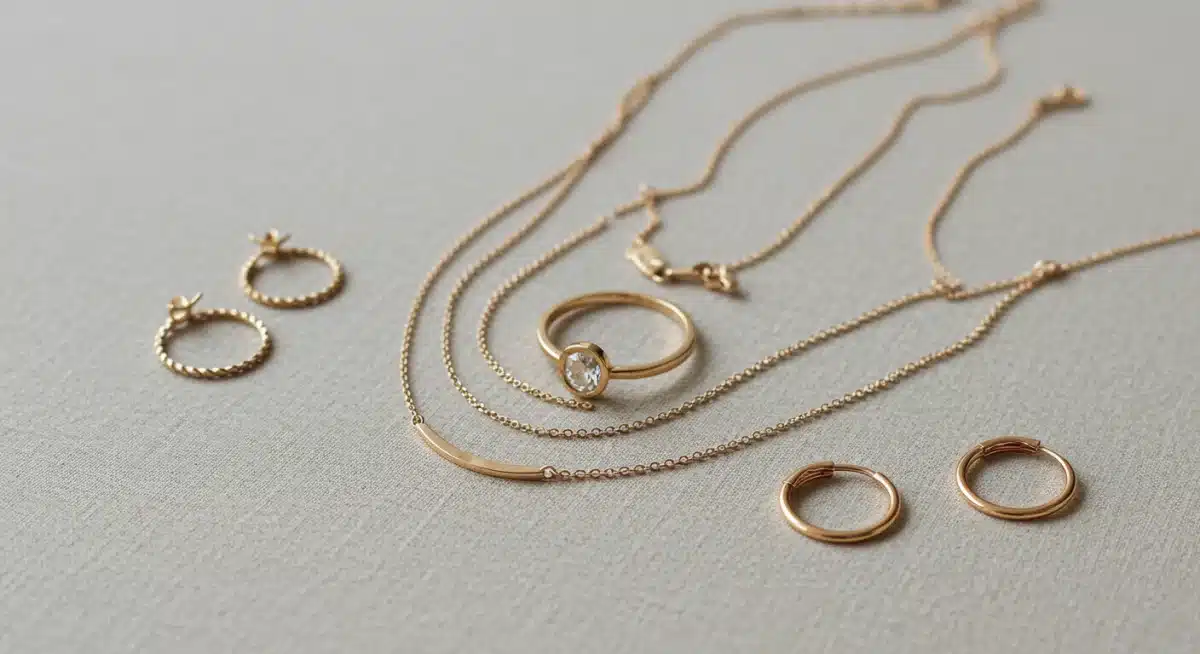 Joyas minimalistas: collares delicados, anillo y aretes de aro, sobre fondo neutro.