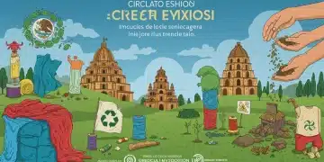 Ilustración de moda circular en México, con reciclaje textil y elementos culturales mexicanos.