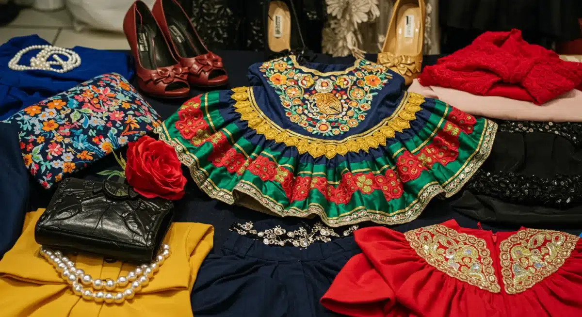 Colección de moda de lujo de segunda mano, incluyendo alta costura mexicana, en una boutique, representando revalorización.