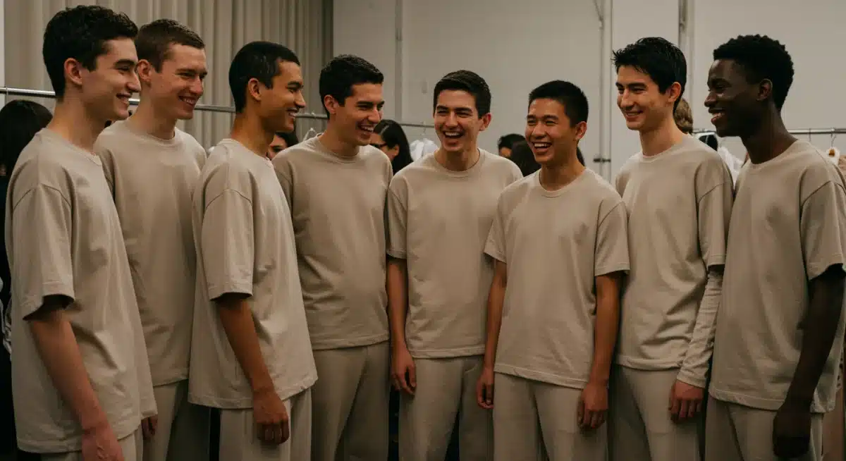 Modelos con diseños de moda sin género y siluetas fluidas tras bambalinas, reflejando inclusión 2026.