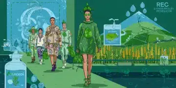 Modelos con ropa de moda sostenible mexicana en pasarela futurista, destacando la conservación del agua.