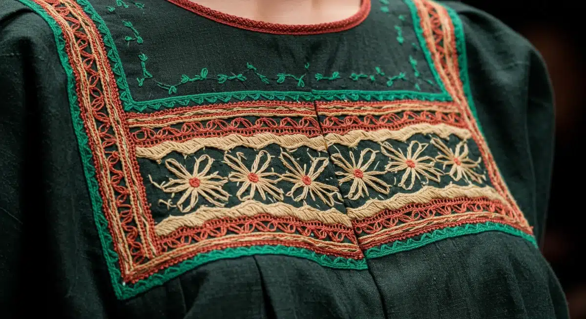 Detalle de bordado artesanal y textiles sostenibles en prenda de moda mexicana, tendencia 2026.