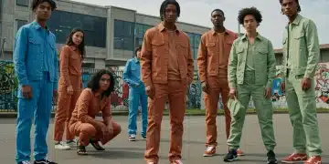 Jóvenes vestidos con los colores de moda urbana 2026 en un entorno citadino, mostrando azul eléctrico, terracota y verde salvia.