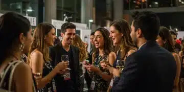 Profesionales de la moda haciendo networking en un evento vibrante en México, intercambiando tarjetas y sonriendo.