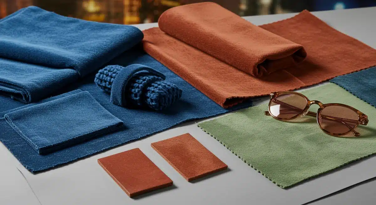 Muestras de telas y accesorios en tonos azul eléctrico, terracota y verde salvia, representando las tendencias de color urbano 2026.