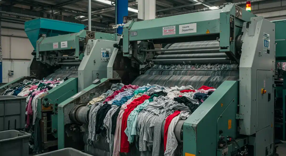 Maquinaria de reciclaje textil en una planta mexicana, procesando prendas desechadas.