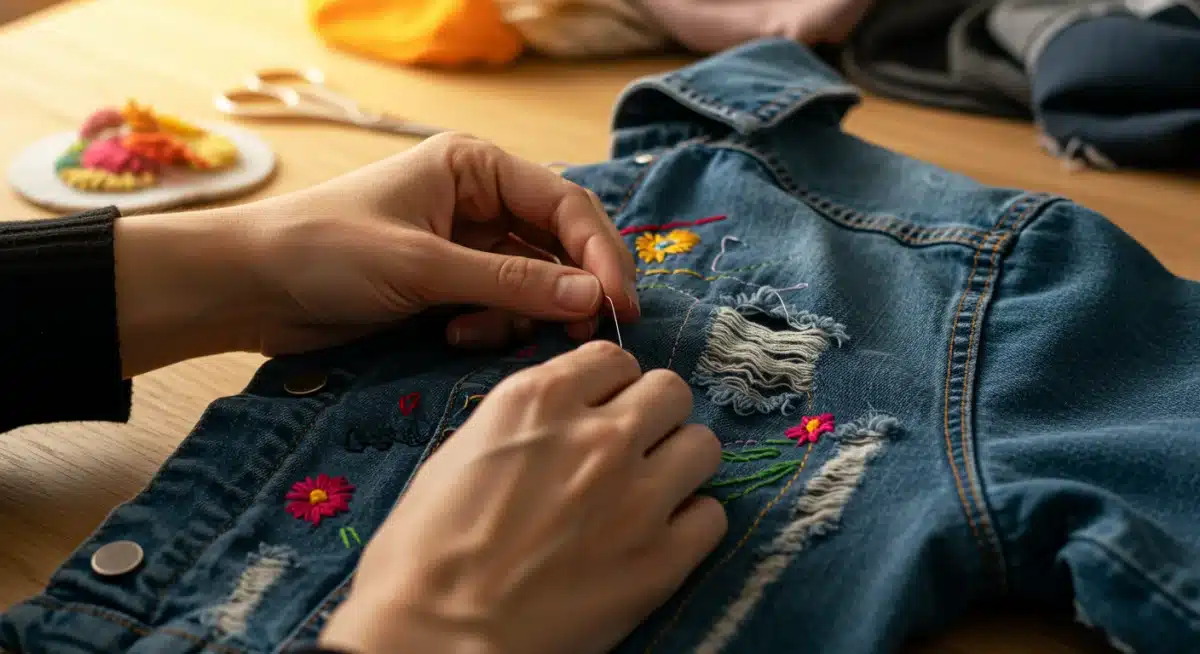Manos reparando una chamarra de mezclilla con bordado, representando la reparación y el upcycling de prendas.