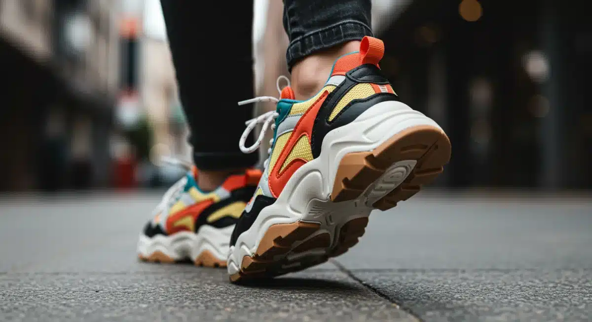 Detalle de tenis chunky de inspiración retro con suelas exageradas y colores vivos, tendencia de maximalismo confortable para el verano 2026.