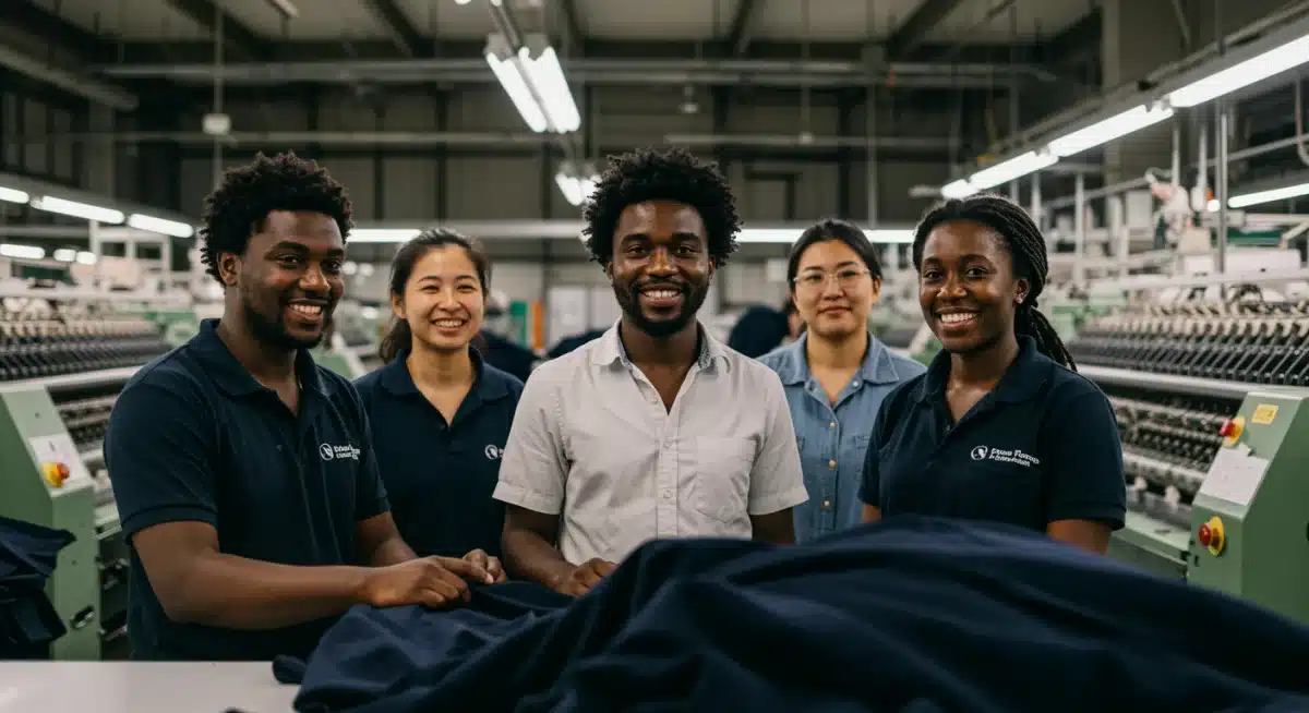 Trabajadores textiles colaborando en una fábrica moderna, simbolizando prácticas laborales éticas y sostenibilidad en la producción.
