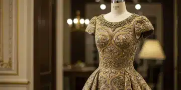 Vestido de alta costura mexicano con bordados intrincados, exhibido en un estudio de lujo, simbolizando inversión y exclusividad.