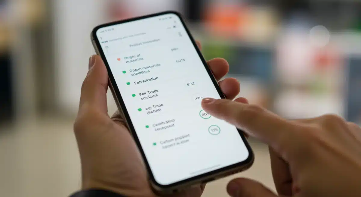 Pantalla de smartphone mostrando una aplicación de transparencia de productos de moda, con detalles sobre origen y certificaciones.
