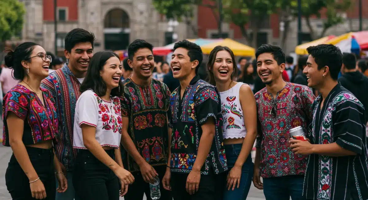 Grupo de jóvenes mexicanos con estilo streetwear, fusionando moda urbana con elementos culturales en un mercado vibrante.
