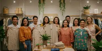 Consumidores mexicanos eligiendo ropa sostenible en una tienda moderna y ecológica, simbolizando el futuro de la moda ética.