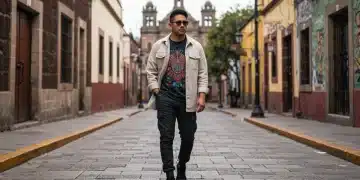 Hombre mexicano con estilo streetwear en una calle vibrante de la Ciudad de México, mostrando moda urbana primaveral.